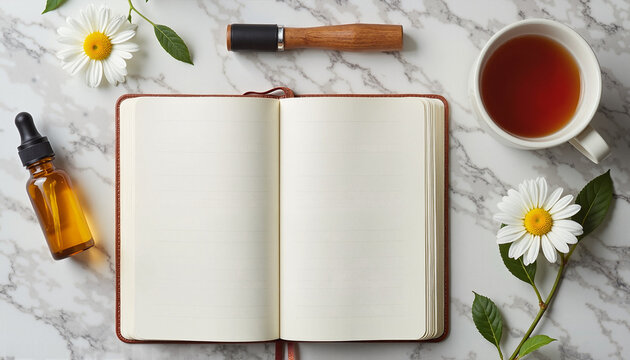 Open notebook with flowers and a cup of tea on marble background
