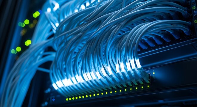 Neatly organized network cables connected to server ports with illuminated indicators in a data center environment