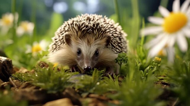 A cute hedgehog walking on grass among wild flowers and foliage.
