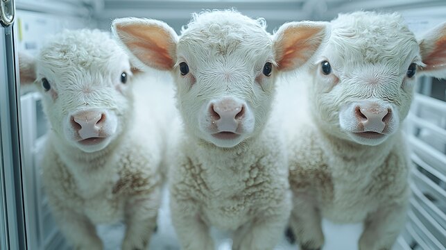 Three adorable lambs in a cage, looking directly at the camera.