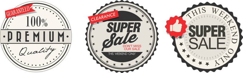 Three circular sale stamps with premium quality and super sale labels