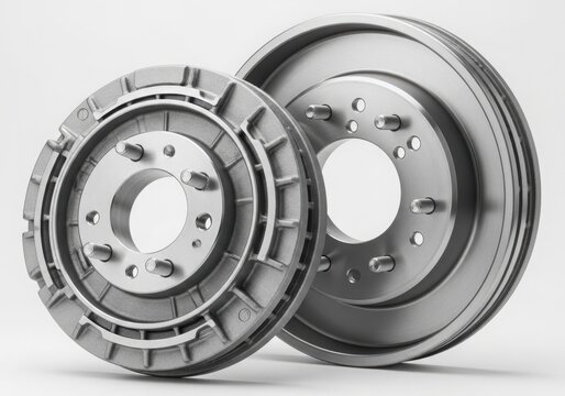 Close-up view of a pair of heavy-duty industrial brake rotors with intricate patterns.