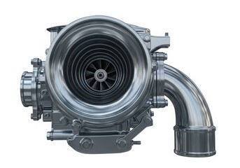 Complex mechanical component with a large central fan and various attached pipes.