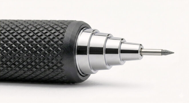 Macro Shot of a Mechanical Drafting Pencil Tip with Graphite Lead and a Black Knurled Grip. The image is a close-up detail focusing on the precision tip and drawing point.