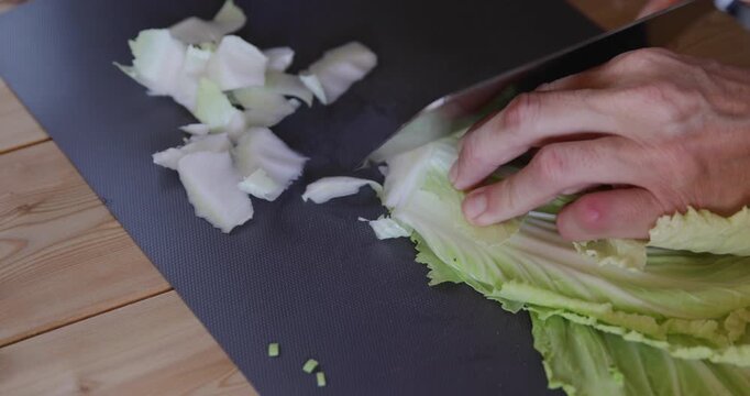 Chef cutting Chinese cabbage bai cai with sharp angle shape using wide Asian style cleaver knife
