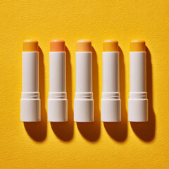 Flat lay of five unbranded sunscreen sticks on bright yellow background with hard shadows, minimal summer skincare concept, SPF sun protection packaging mockup and copy space.