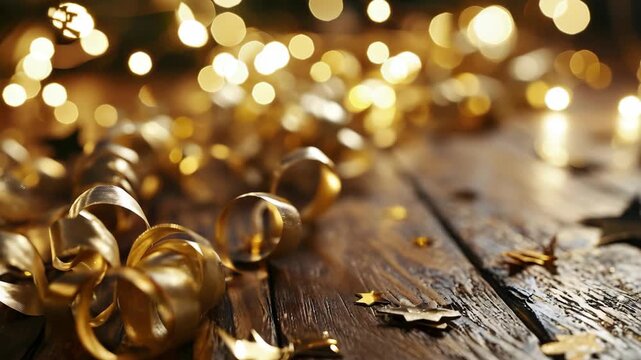 Gold glitter and confetti on wooden surface.