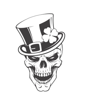 Black and white vector skull in leprechaun hat with four leaf clover