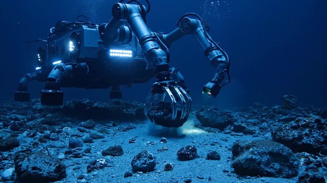 An advanced autonomous underwater vehicle (AUV) uses its robotic arm to collect rock samples from the deep seabed, illuminated by its powerful lights.
