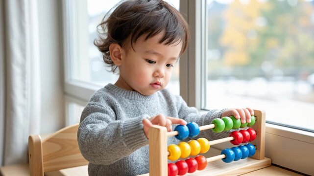 cute toddler in gray sweater playing with colorful wooden abacus near window at home developing early math and fine motor skills