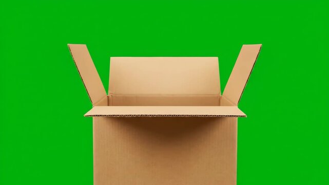 An empty brown cardboard box opens and closes its top flaps against a vibrant green screen background. Ideal for compositing and adding content.
