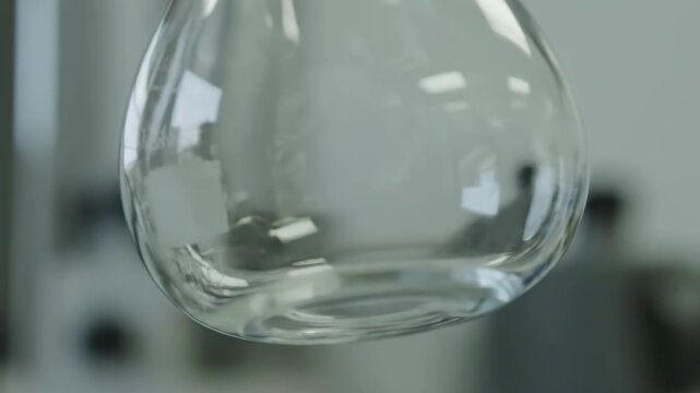An empty glass volumetric flask slowly rotates in a laboratory, ready for scientific experiments and research.