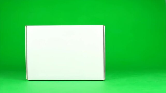 An empty white cardboard box slides smoothly into the center of a bright green screen studio. Ideal for product mockups, packaging designs, and e-commerce promotions with customizable backgrounds.