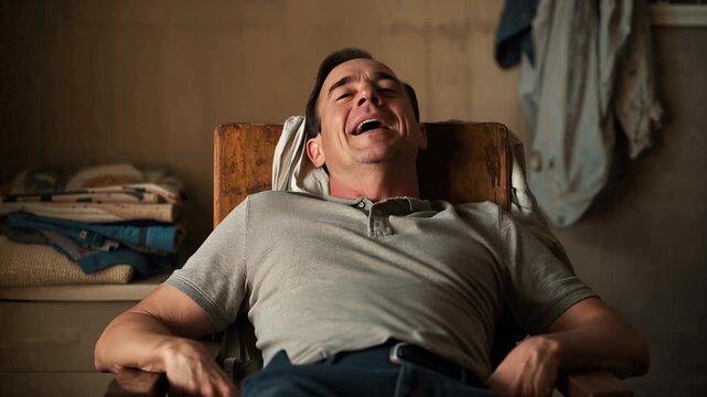 Camera rolling midlife man adjusting grip laughing leaning back relaxing into armchair modest room