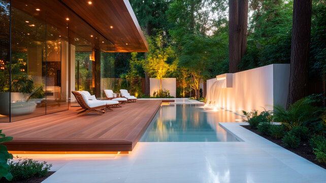 Modern Outdoor Glass Water Wall Featuring Cool Toned Strip LED Lighting Design