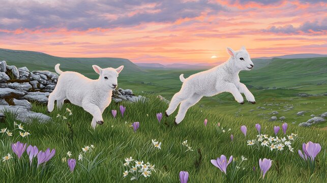 Two twin sheep are jumping in a green field during sunset with flowers