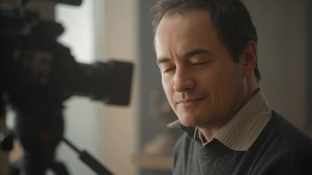 Smiling man in shirt, sweater shifting gaze in studio, camera on tripod recording for interview