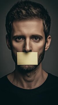 Conceptual Portrait of Man with Sticky Note Covering Mouth Symbolizing Silence