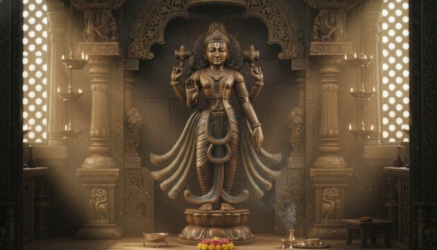Intricate Wooden Statue of a Serene Hindu Deity Adorned with Ornate Temple Architecture