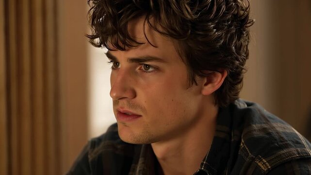 Reacting to offscreen voice, man in dark plaid shirt turning, speaking at home near beige curtain