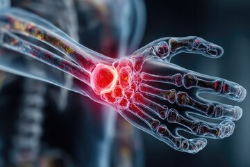 Glowing red focus on wrist area highlights pain and anatomical d