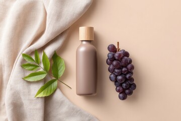 Stylish bottle alongside fresh grapes and greenery on soft fabri