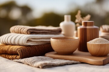 Natural textiles and wooden utensils create an inviting picnic a