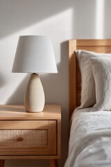 Soft sunlight highlights stylish lamp beside wooden nightstand,