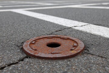Rusty manhole cover on cracked pavement blends urban elements wi