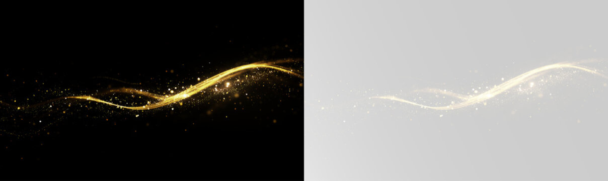 Golden swirl abstract glowing dynamic light trails luxury sparkle shine particle overlay stardust gold dust png
