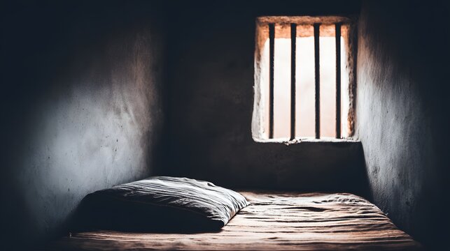 Dimly Lit Prison Cell with Bed and Window Bars in Strong Light