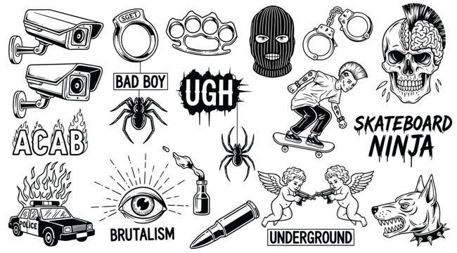 A collection of various tattoo designs and symbols including skulls, spiders, graffiti, and skateboard related imagery isolated on white background