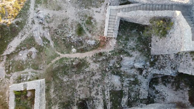 Drone take off above the walls of an old medieval Ljubushki Fortress Herceg Stjepan , Europe, Bosnia and Herzegovina.