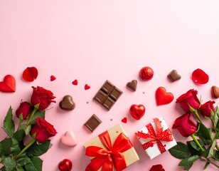 Valentines day gift boxes and roses with hearts and chocolates on a pink gradient background viewed from above