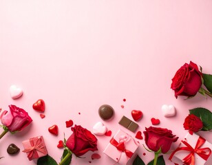 A romantic arrangement of roses and hearts on a soft pink background viewed from above with gifts and chocolates