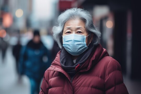 Senior asian woman in winter jacket wearing a blue medical face mask on urban street
