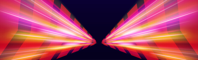 Rainbow speed trail twists dynamically across the scene, leaving glowing curved paths with fine spark particles. vector © Romstock