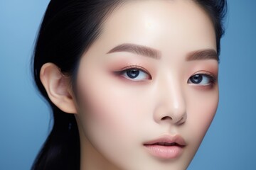 Fototapeta premium Young asian woman posing with subtle makeup and clear complexion on a blue background
