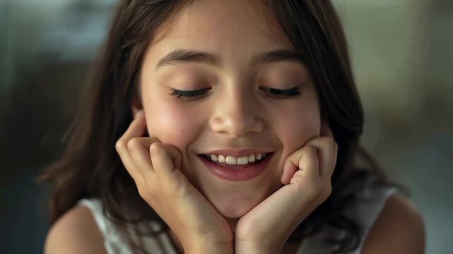 Smiling preteen girl cupping chin, reacting to camera starting in living room wearing white top