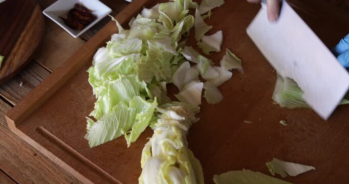 Chef cutting Chinese cabbage bai cai with sharp angle shape using wide Asian style knife