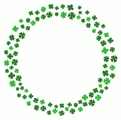 Four leaf clover vector circular wreath frame, green circle floral border for Saint Patrick's Day graphic designs and backgrounds
