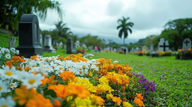 Vibrant flower beds in hues of orange and yellow bloom beside gravestones in a peaceful cemetery, where families gather on a cloudy day to honor their loved ones