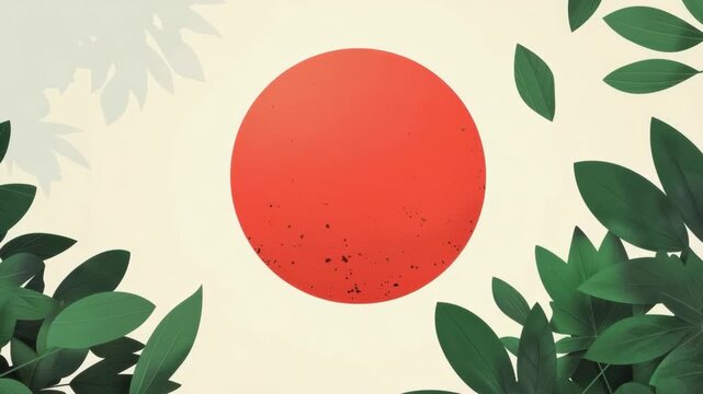 Green leaves gently frame bright red circle on cream background in artistic motion