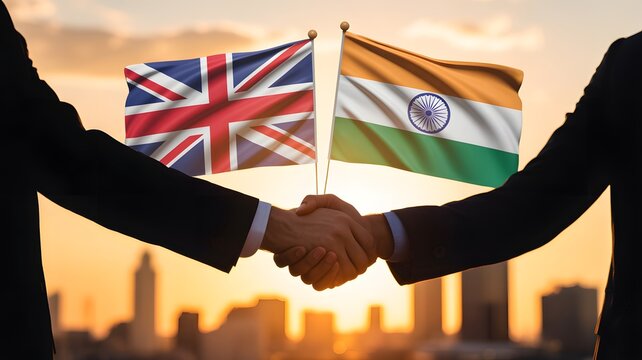 India and United Kingdom Partnership Concept with Business Handshake and National Flags Against City Skyline at Sunset