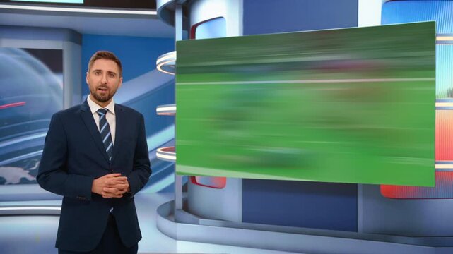 Edited Montage of News Segment: Sports Presenter Analyses American Football Championship Highlights on In Studio Screen. Broadcast Mockup Screen Replacement, Replay Playback, Scoreboard Field Graphics