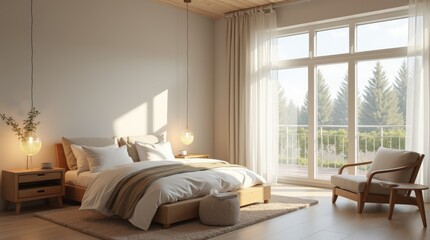 Fototapeta premium modern bed room with big wondow