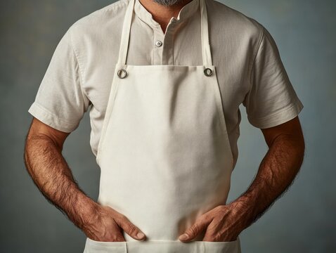 Cropped portrait of a man wearing a cream apron and light short-sleeve shirt, hands in apron pockets, visible forearms and beard stubble, calm confident posture
