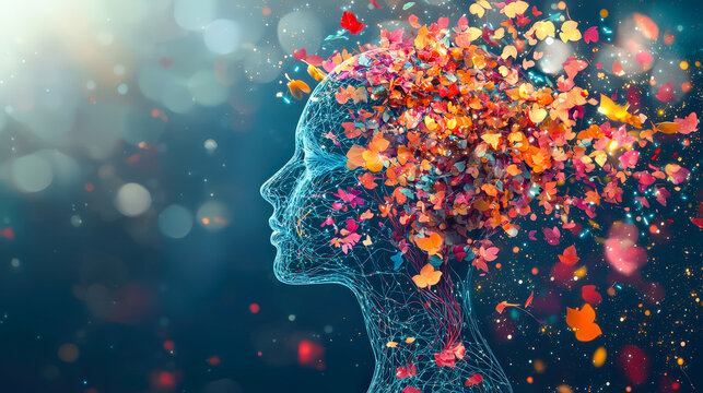 Woman's Head Made of Colorful Butterflies and Flowers in a Creative Art Concept Showing Thoughts and Emotions at Night