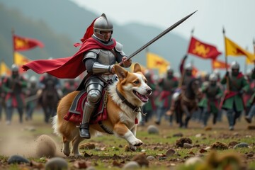 A knight in shining armor rides a giant corgi like a horse, leading an army with banners in the background on a battlefield.
