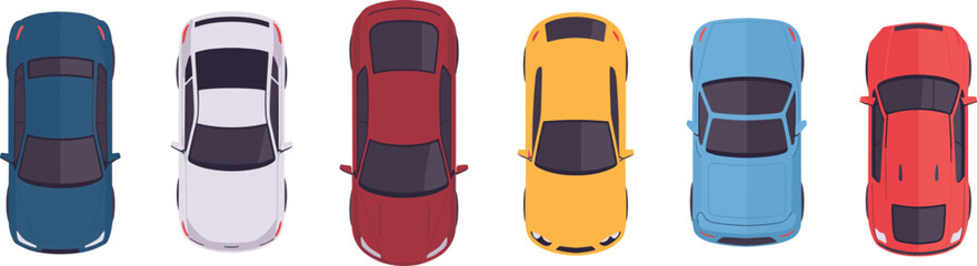 Collection of six stylized cars in top‑down view with blue, white, maroon, yellow, light blue, and red colors for design and creative projects © MDAMIRHAMJA
